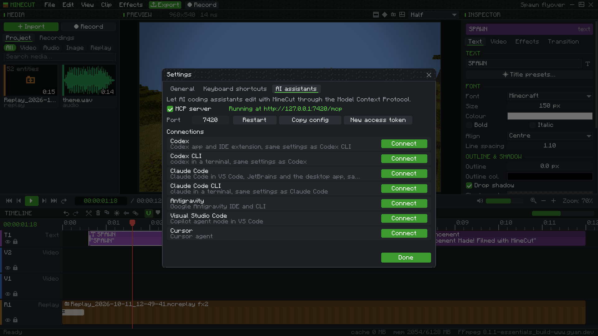 MineCut settings with connect buttons for Codex, Claude Code, Antigravity, VS Code and Cursor