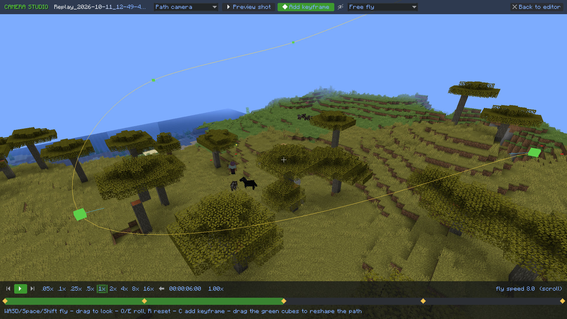 Camera Studio showing a yellow camera path with green control points over the recorded world