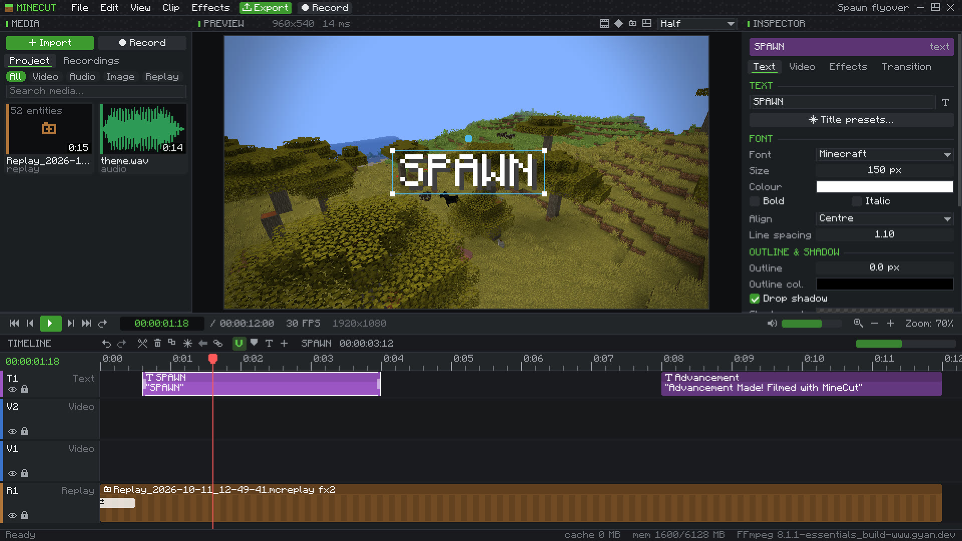 Editing a title: font, colour, outline and animation settings in the inspector