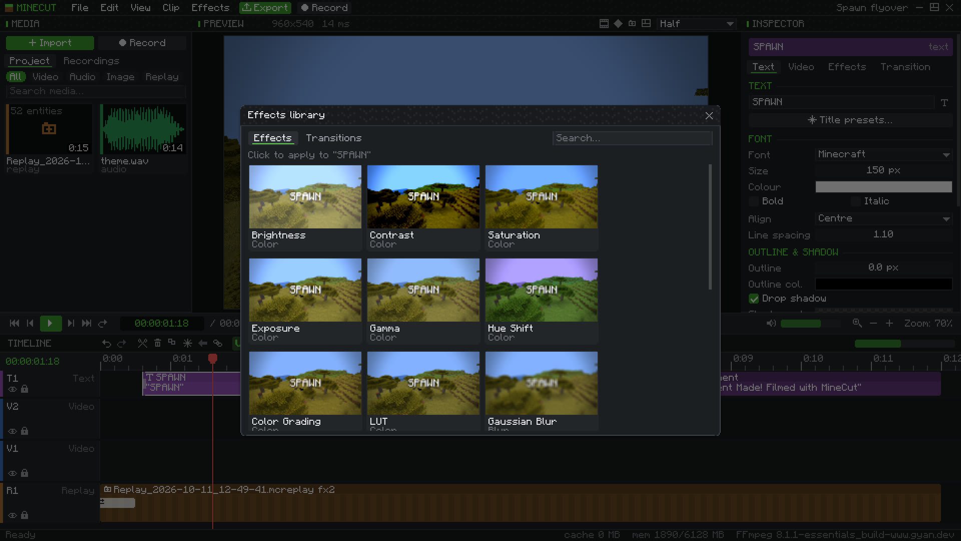 The effects library with live previews of each effect