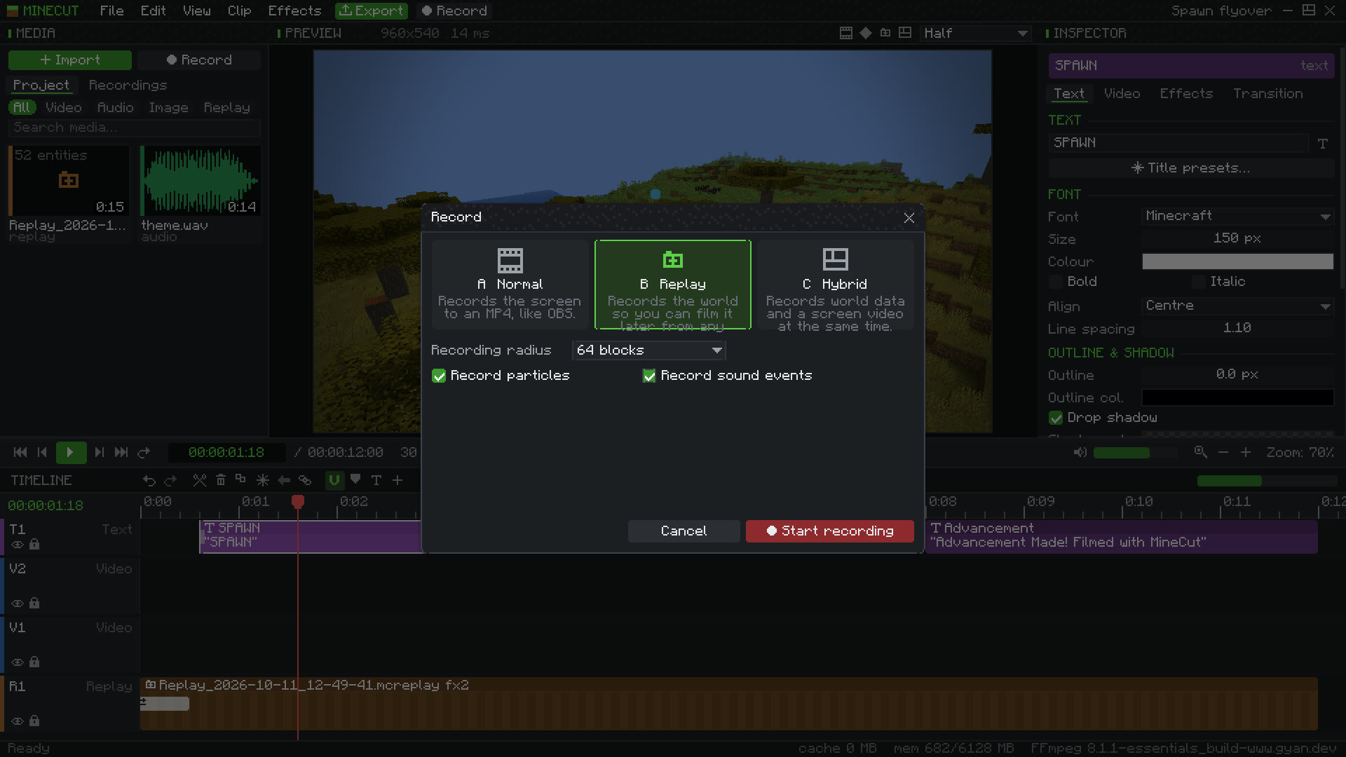 Recording options: normal video, replay, or both, with a recording radius